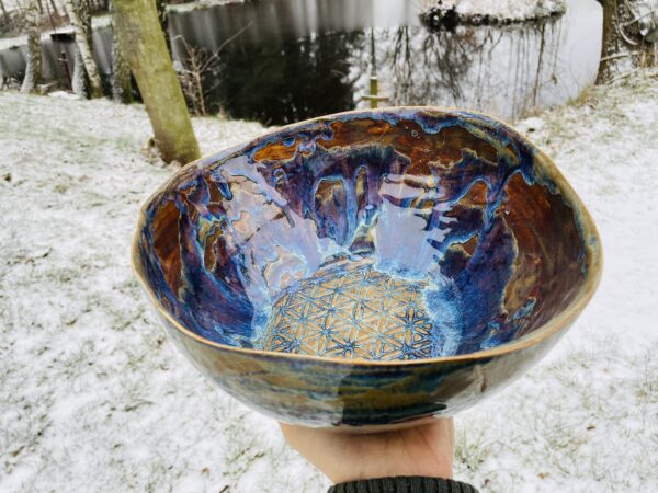 große Obstschale Keramik getöpfert Blume des Lebens bunt Aurora handgemacht getöpfert