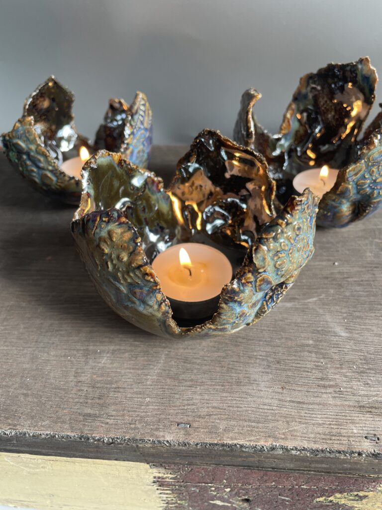 Keramikhochzeit Geschenk und Bedeutung Keramik Teelichthalter getöpfert handgemacht gold Deko