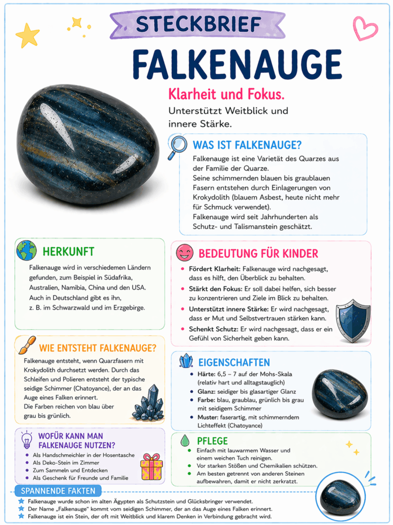 Steckbrief Falkenauge Kinder Mineralien sammeln Wunderfunkel