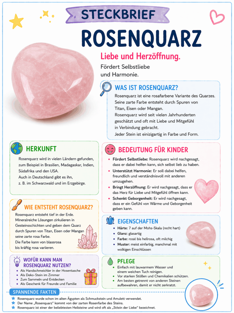 Steckbrief Rosenquarz Kinder Mineralien sammeln Wunderfunkel