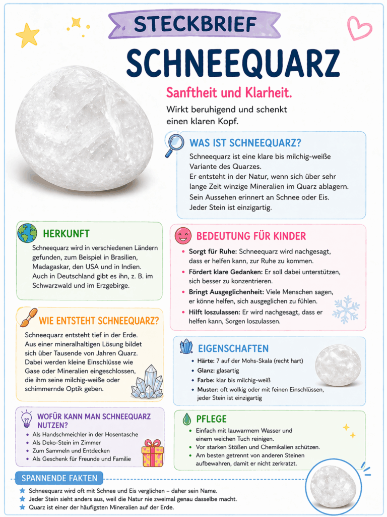 Steckbrief Schneequarz Kinder Mineralien sammeln Wunderfunkel