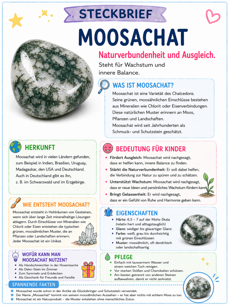 Steckbrief Moosachat Kinder Mineralien sammeln Wunderfunkel