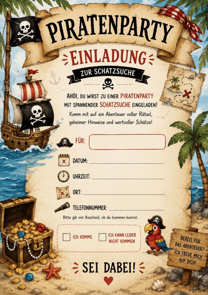 Piratenparty Einladung zum Kindergeburtstag mit Schatzsuche, Piratenschiff und ausfüllbaren Feldern
