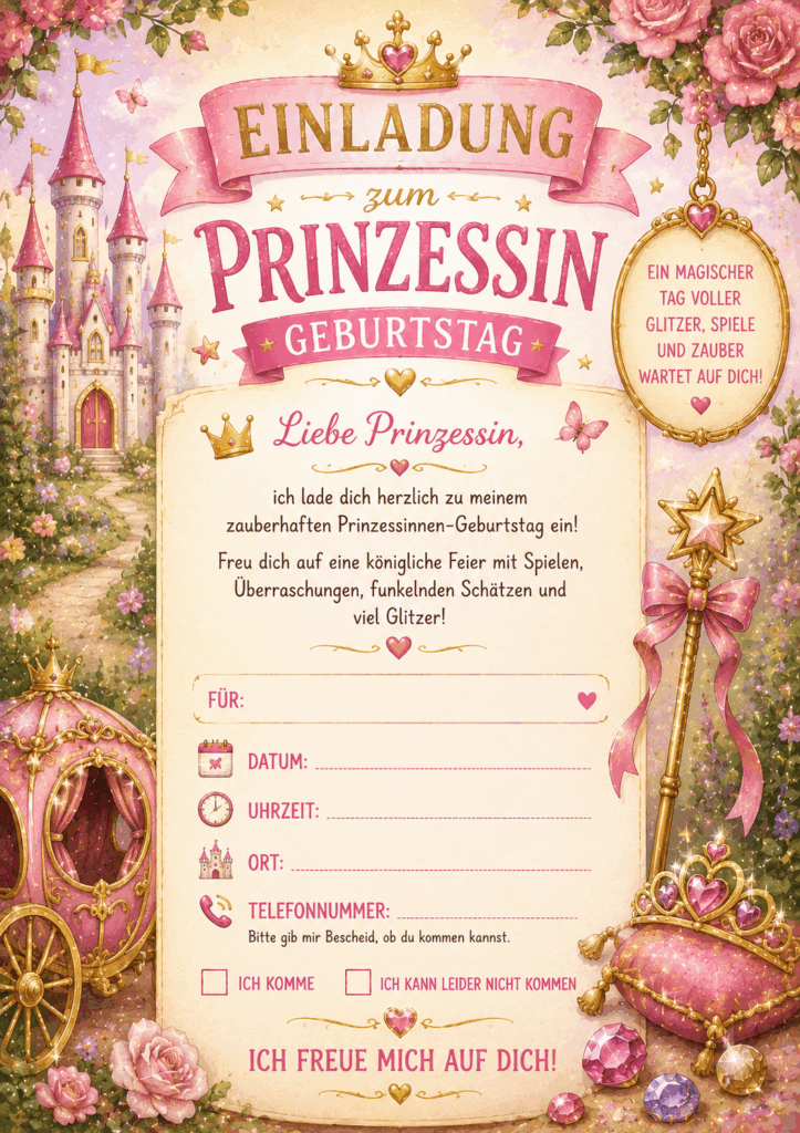 Prinzessin Geburtstag Einladungskarte in Rosa und Gold mit Schloss, Krone, Schatztruhe und ausfüllbaren Feldern für Name, Datum und Telefonnummer