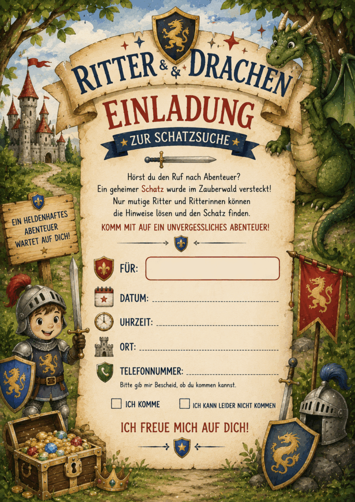 Ritter und Drachen Einladungskarte für Kindergeburtstag mit Schatzsuche, Burg, Drachen und ausfüllbaren Feldern für Name, Datum und Telefonnummer