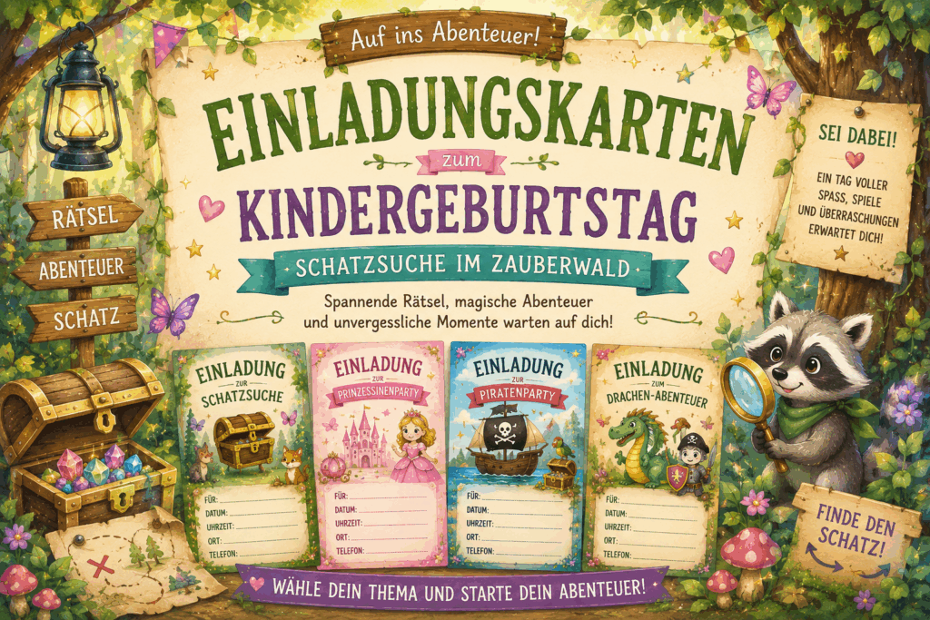 Kostenlose Einladungskarten für Kindergeburtstage mit verschiedenen Motto-Partys und magischen Abenteuer-Themen