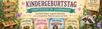 Kostenlose Einladungskarten für Kindergeburtstage mit verschiedenen Motto-Partys und magischen Abenteuer-Themen