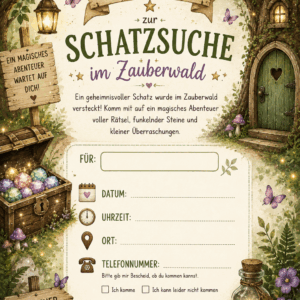 Kostenlose Schatzsuche Einladung zum Kindergeburtstag im Zauberwald mit Platz für Name, Datum und Telefonnummer Schatzsuche Set Kindergeburtstag