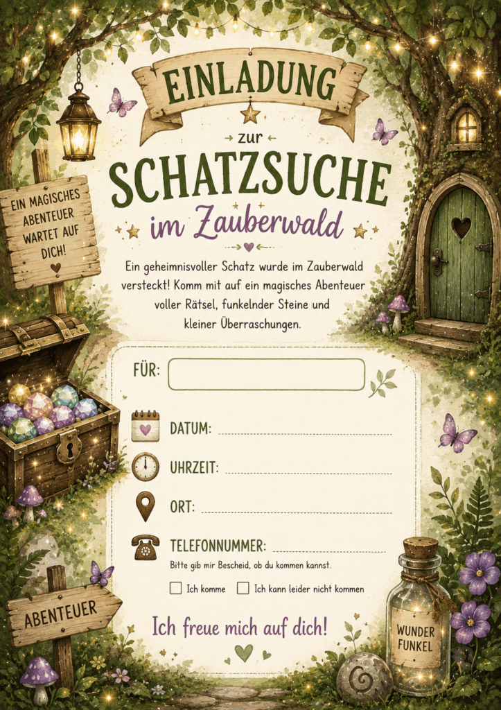 Kostenlose Schatzsuche Einladung zum Kindergeburtstag im Zauberwald mit Platz für Name, Datum und Telefonnummer