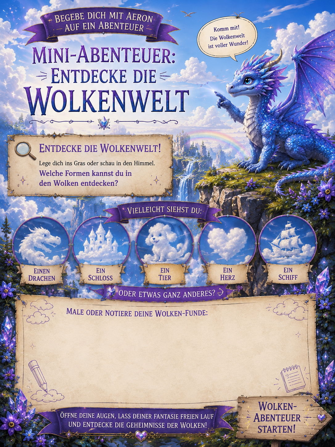 Himmelsklippen Himmelsdrache Aeron basteln Wunderfunkel Welt basteln mini abenteuer mit Kindern Wunderfunkel ausmalbild