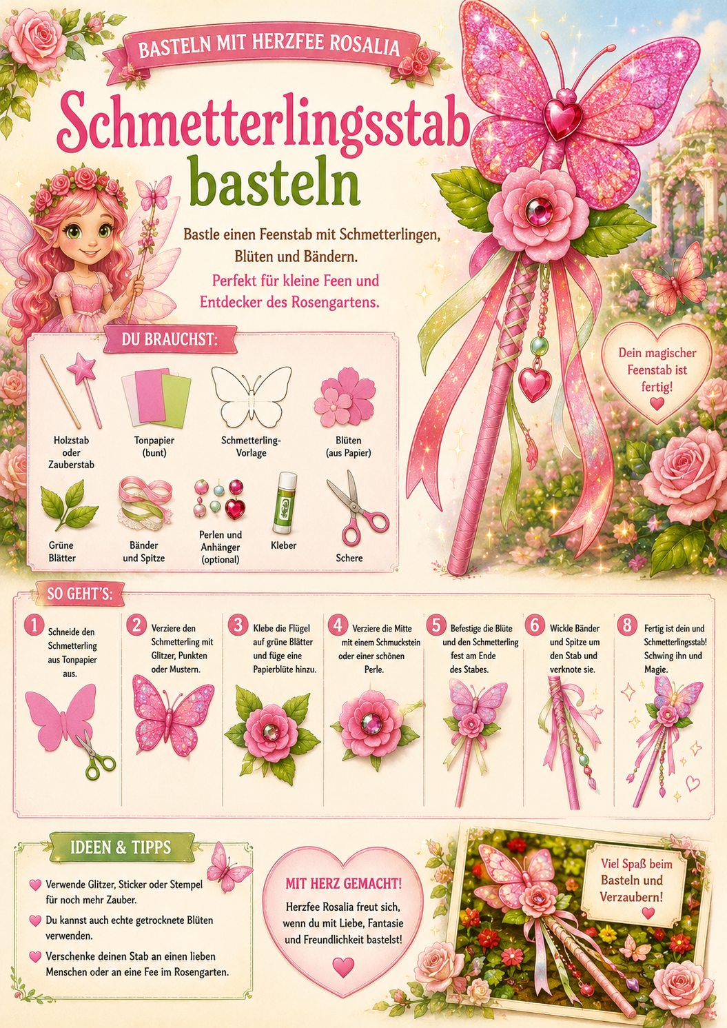 Rosengarten Herzfee Rosalia Schmetterling basteln Wunderfunkel Welt basteln mini abenteuer mit Kindern Wunderfunkel ausmalbild mini abenteuer