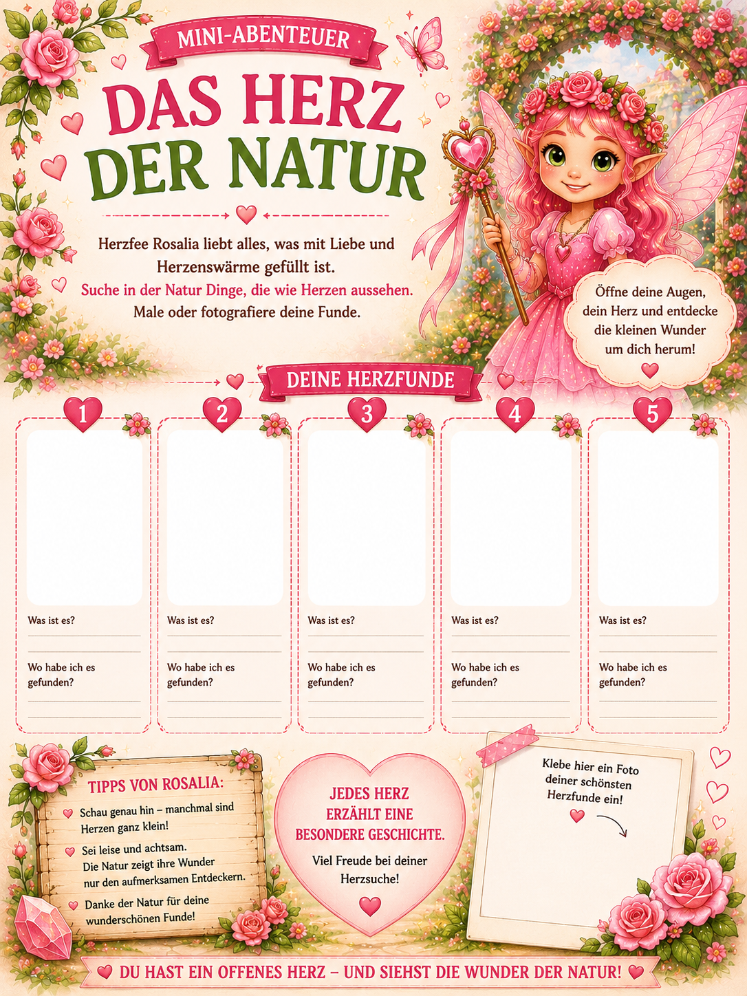 mini Abenteuer Herz Dinge sammeln Rosengarten Herzfee Rosalia Schmetterling basteln Wunderfunkel Welt basteln mini abenteuer mit Kindern Wunderfunkel ausmalbild mini abenteuer